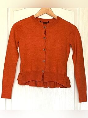100% Merino Wool Peplum Cardigan Ruffle Sweater Rust Orange Size XS Coquette